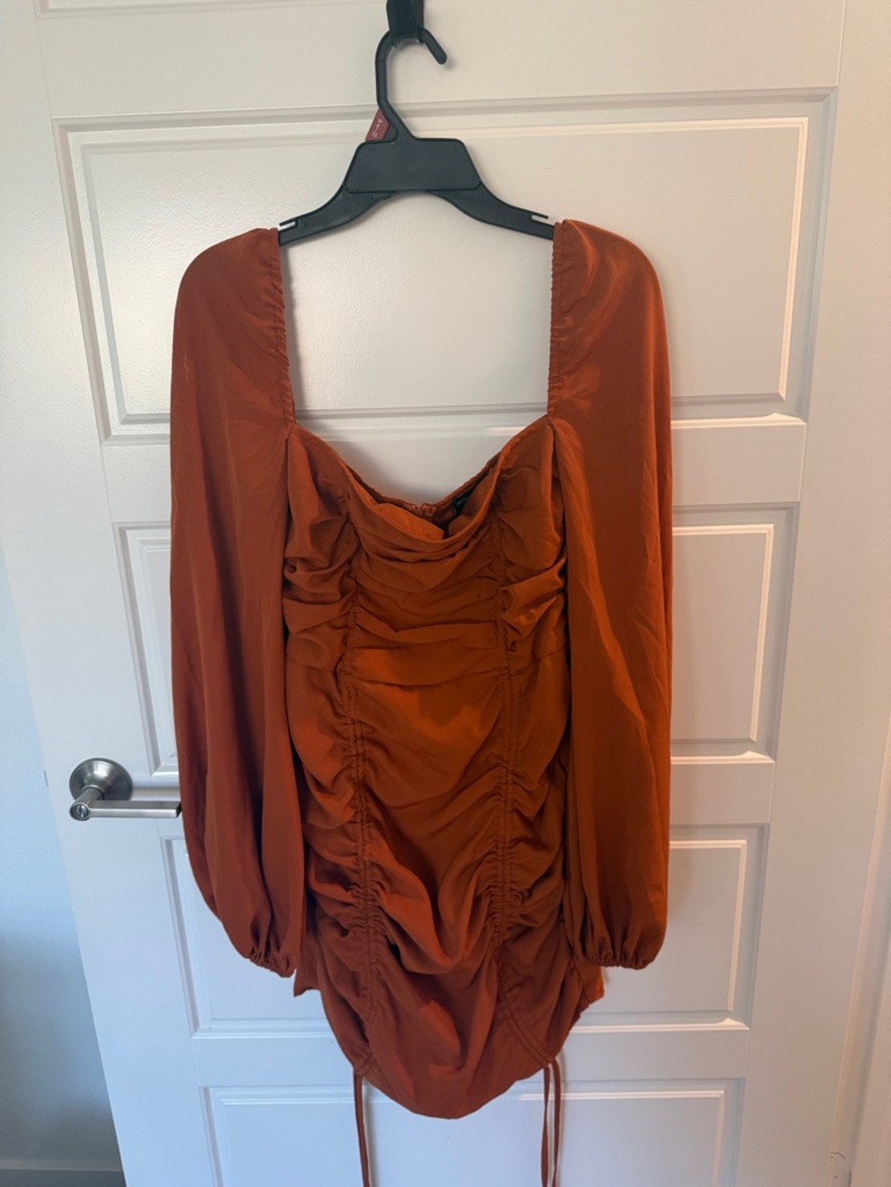 PrettyLittleThing Rust Orange Ruched Long Sleeve Mini Dress